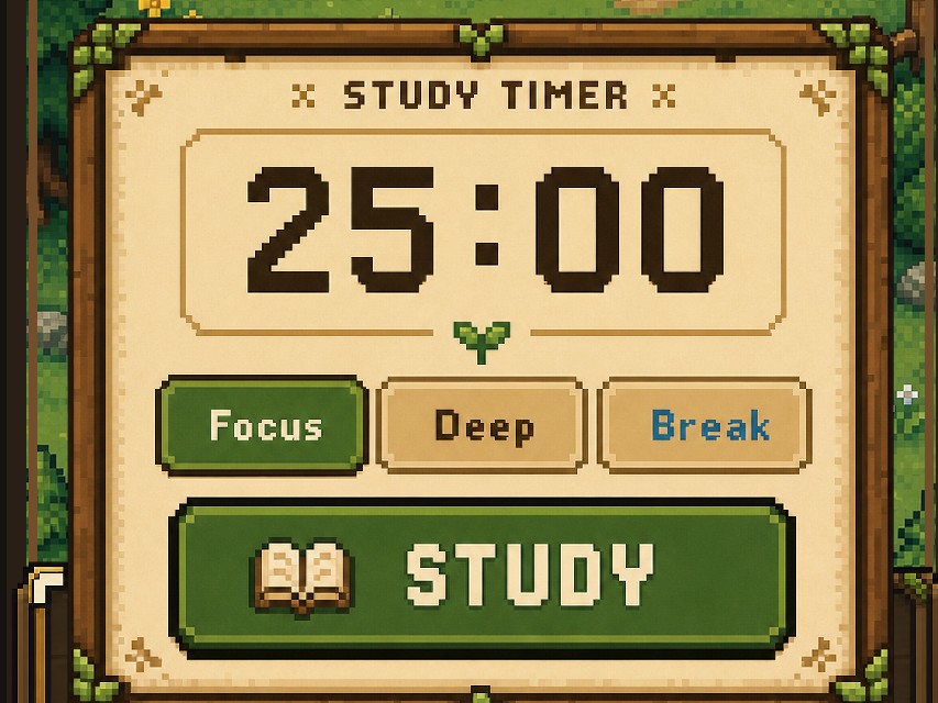 The study timer screen showing a 25:00 focus countdown