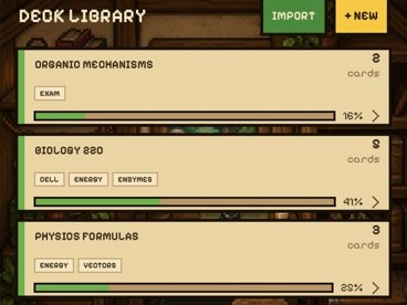 The deck library screen listing study decks